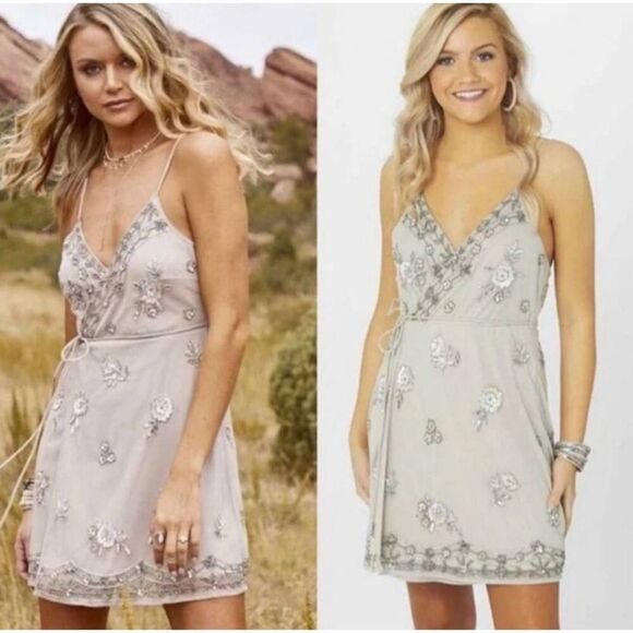 Altar'd State Champagne Beaded Sparkle Faux Wrap Mini Dress Size Small - Picture 1 of 12